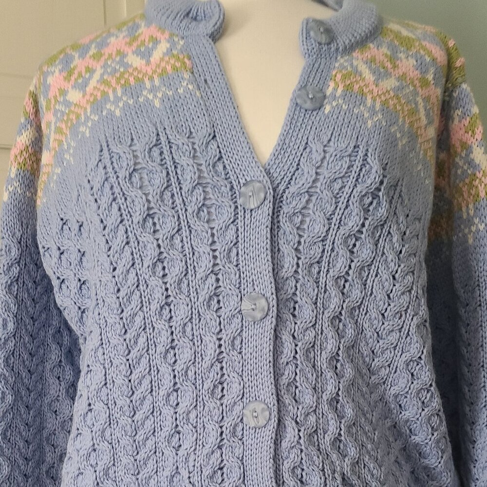 Nev Worn Aran Crafts Sz Large Blue Cardigan Merino Wool Pretty Knit Design